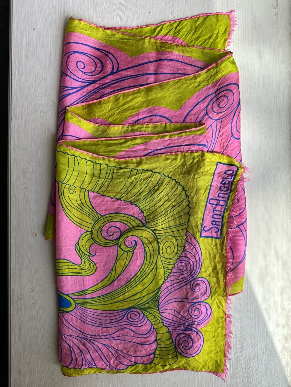 Sant Angelo Psychedelic Face Scarf Neon Pink Green Mod Retro Fringe Wrap - Picture 2 of 7